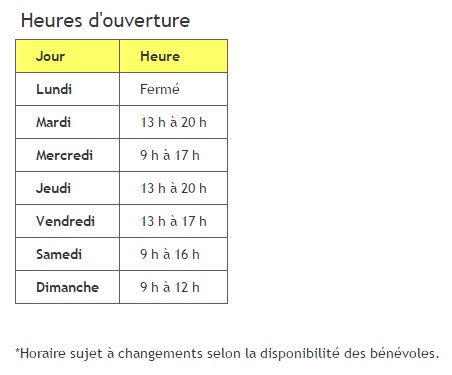 Les heures d'ouverture de la bibliothèque.