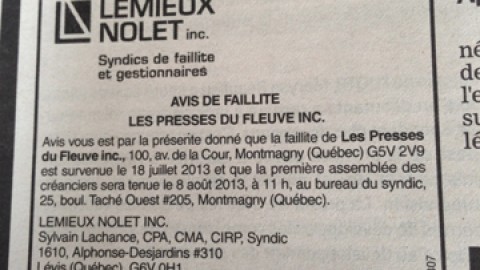 Les Presses du Fleuve Inc. de Montmagny en faillite