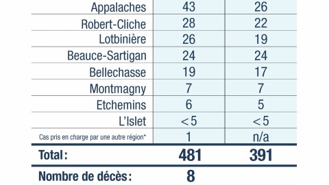 481 cas de la COVID-19 dénombrés en Chaudière-Appalaches